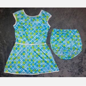 Vintage 1970s Union Made Swimsuit Sunsuit Dress Gabar NY 2 Piece Green Blue